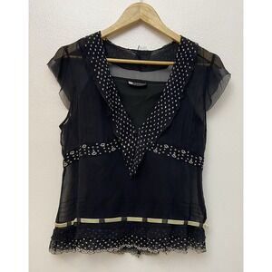 Carole Little Black Sheer V-Neck Blouse with Metallic Trim
